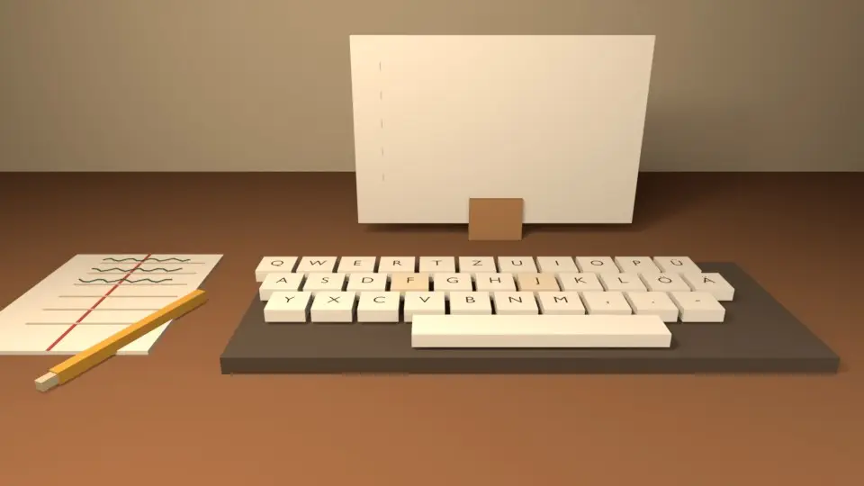 Papiertheater-Animation: Tasten einer Tastatur werden gedrückt, auf dem Blatt dahinter wachsen Textzeilen; daneben ein Heft mit Bleistift