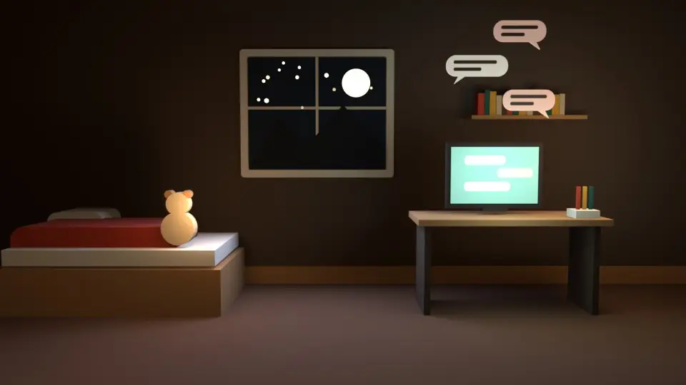 Papiertheater-Animation: Kinderzimmer bei Nacht, ein Bildschirm leuchtet, Chat-Blasen steigen auf