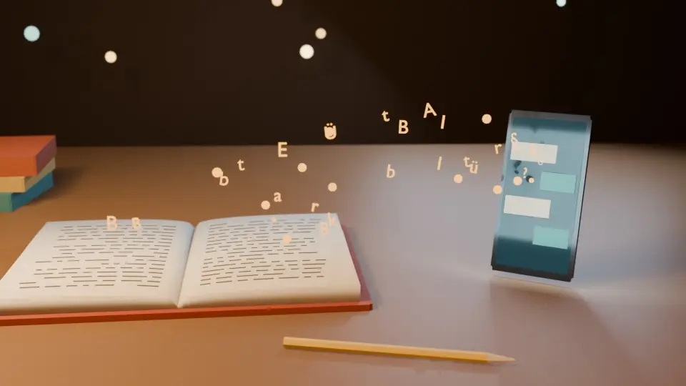 Animation: Ein aufgeschlagenes Buch, eine Seite blättert um, Buchstaben steigen als Lichtpunkte auf und fließen in ein Handy mit Antwortblasen