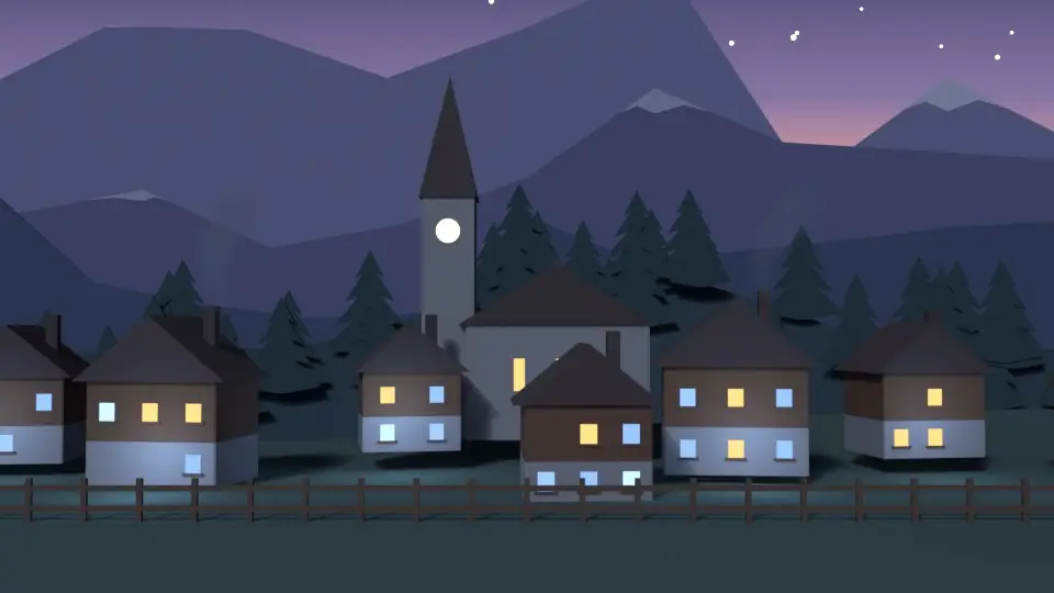 Animation: Bergdorf im Montafon am Abend, in vielen Fenstern flackert das blaue Licht von Bildschirmen