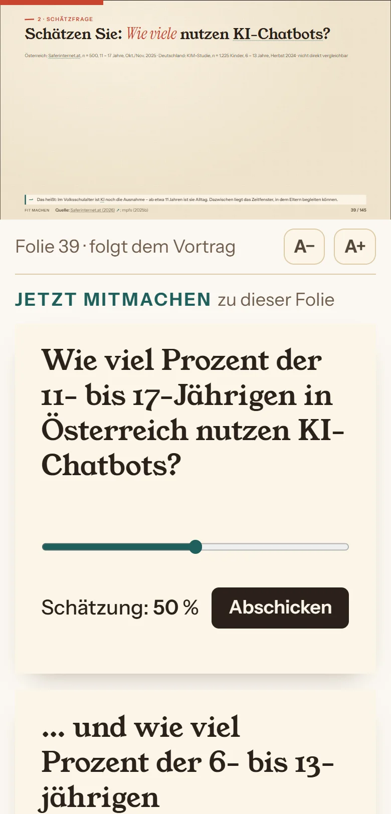 Teilnehmerseite am Handy bei einer Schätzfrage mit Schieberegler und Knopf Abschicken