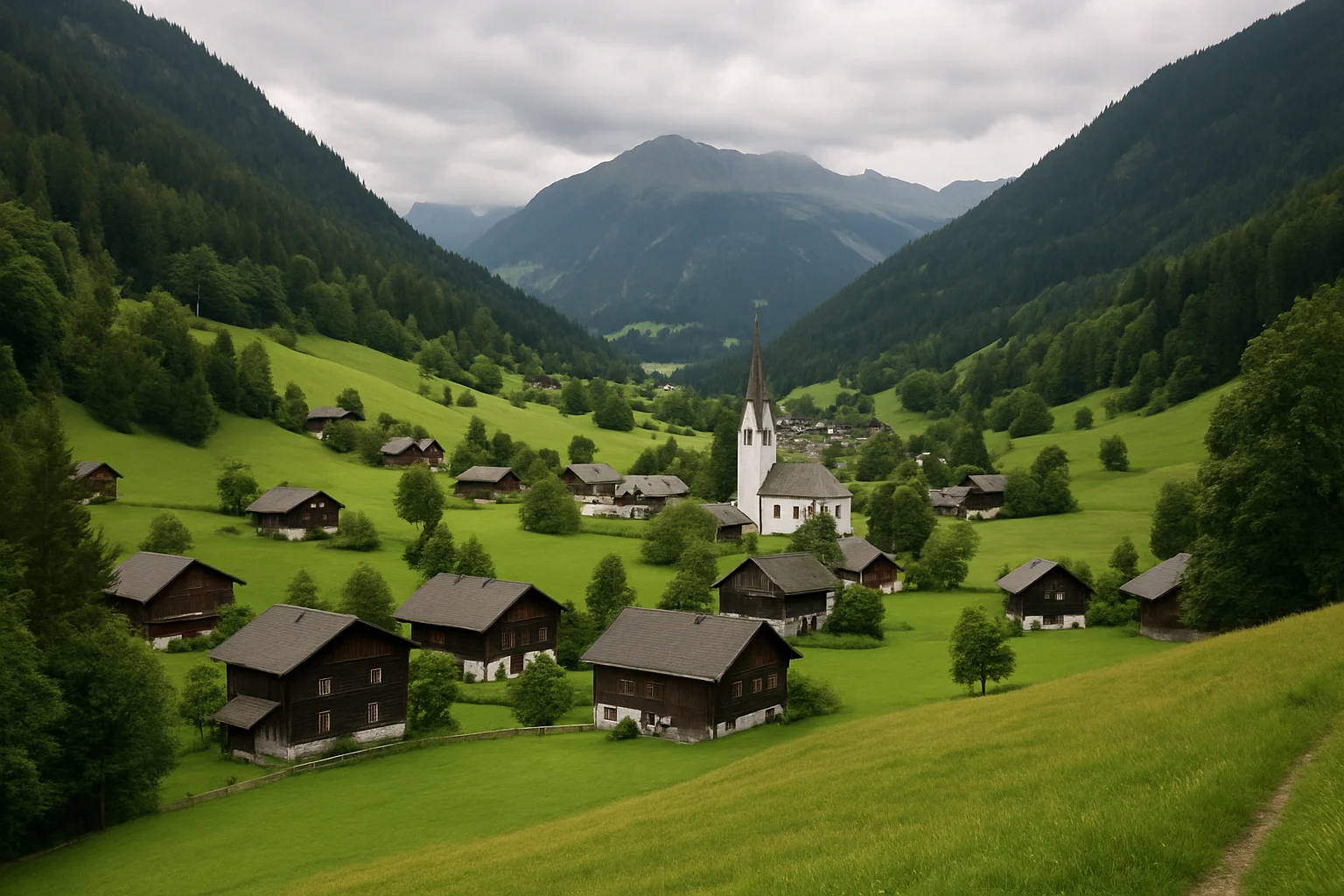 Bild 1: Blick auf ein Alpendorf mit Kirche und Holzhäusern