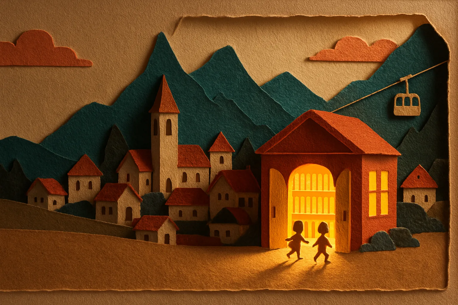 Scherenschnitt eines Bergdorfs mit einer hell erleuchteten Bibliothek, auf die Kinder zugehen