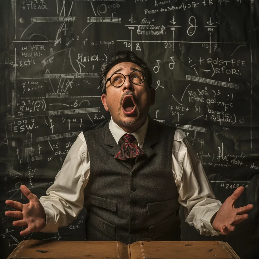 Singender Mathematiklehrer vor einer Tafel voller Formeln