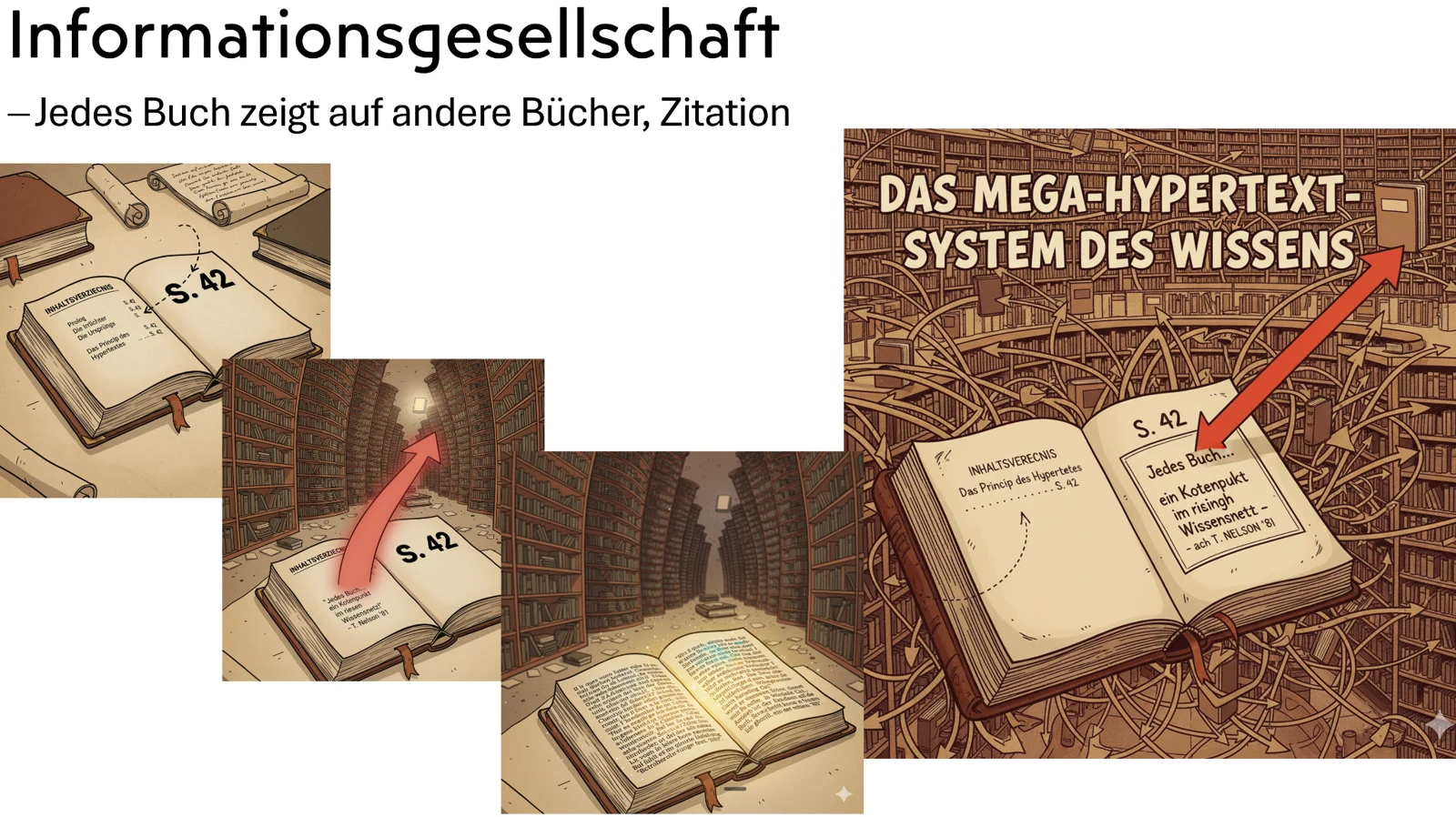 Bücher, die über Seitenverweise auf andere Bücher zeigen, und das Mega-Hypertext-System des Wissens