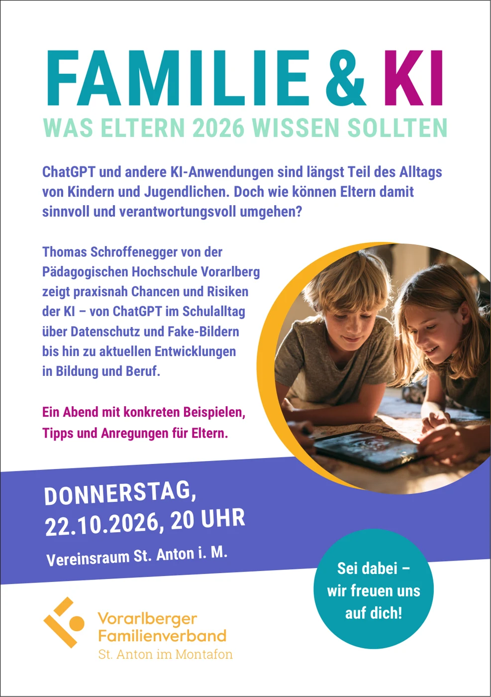 Plakat Familie & KI – Was Eltern 2026 wissen sollten, Donnerstag 22.10.2026, 20 Uhr, Vereinsraum St. Anton im Montafon, Vorarlberger Familienverband