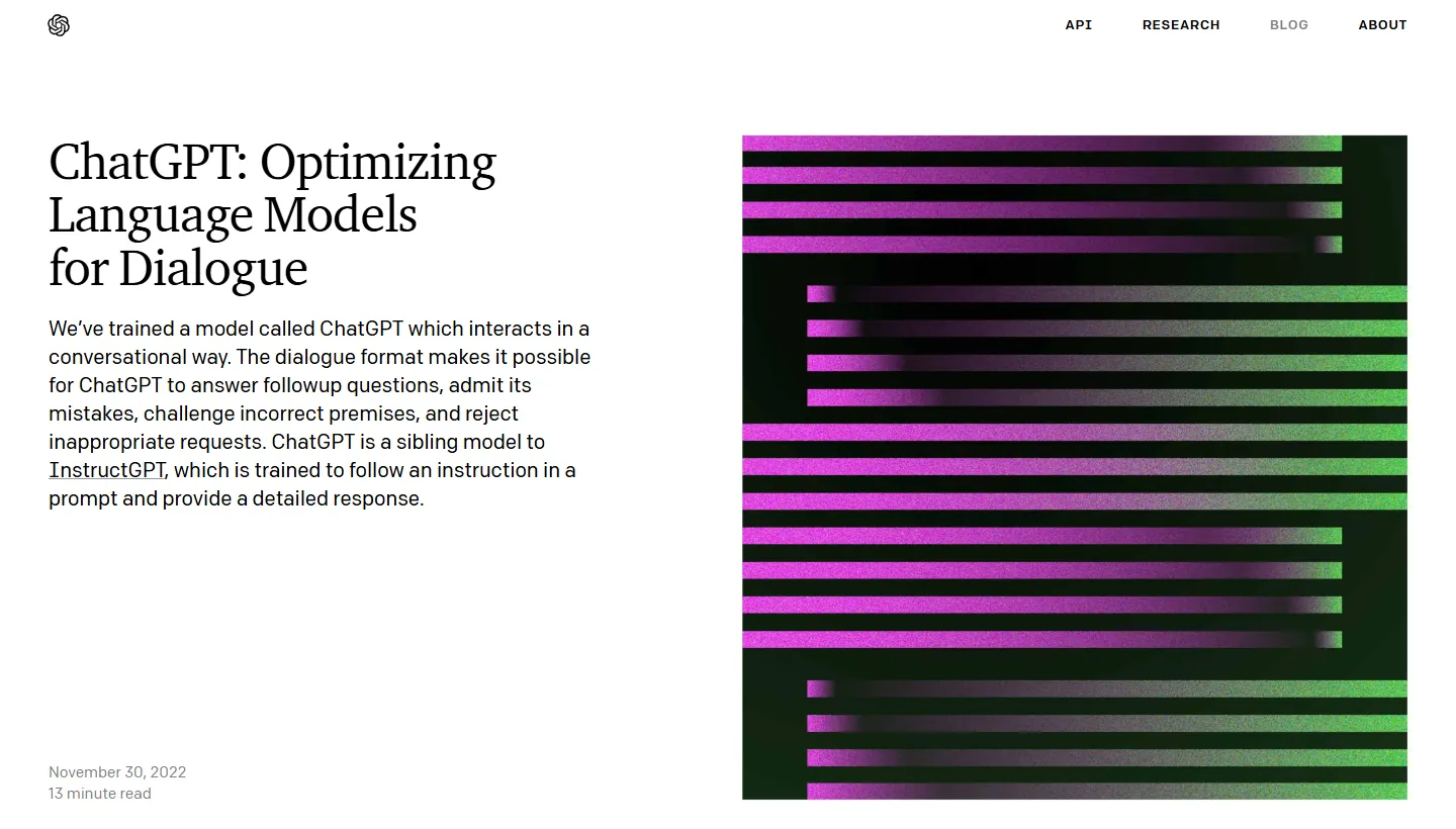Webseite von OpenAI vom 30. November 2022 mit der Überschrift ChatGPT: Optimizing Language Models for Dialogue