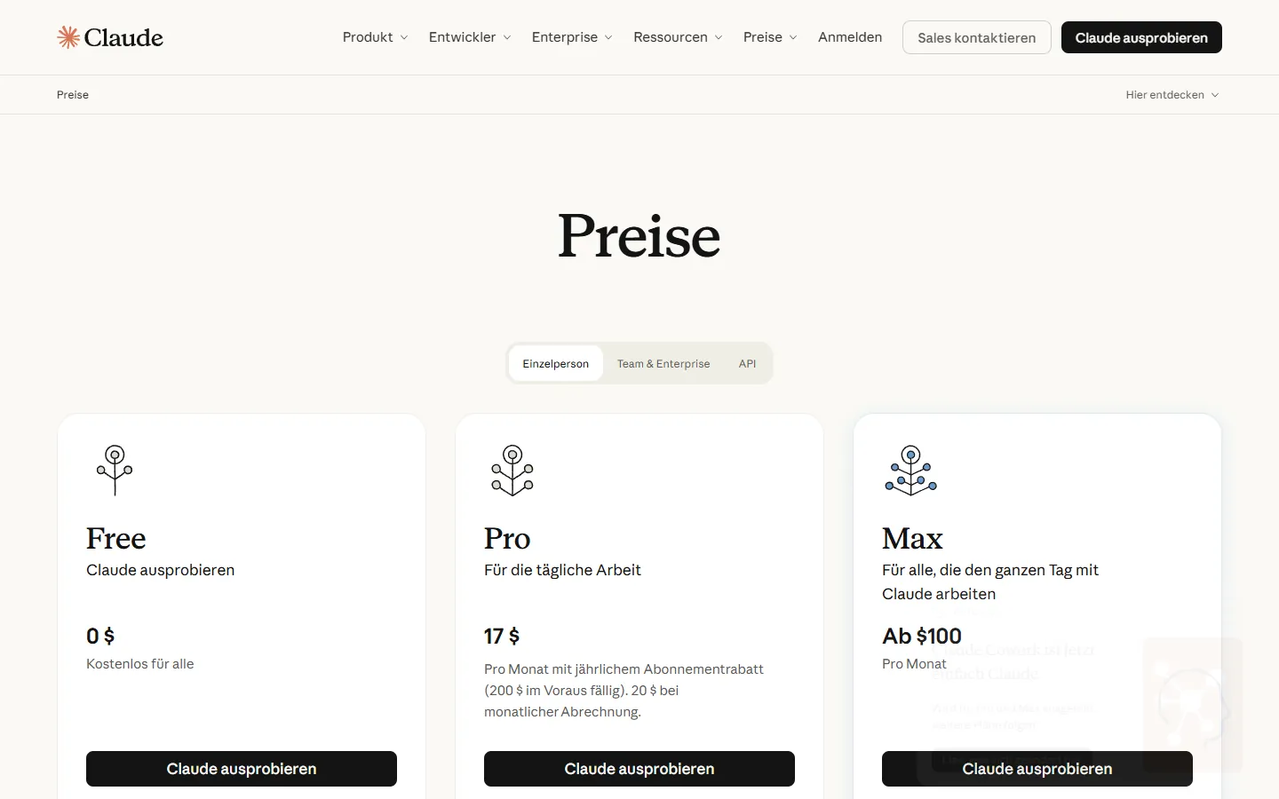 Preisübersicht Claude: Free, Pro und Max