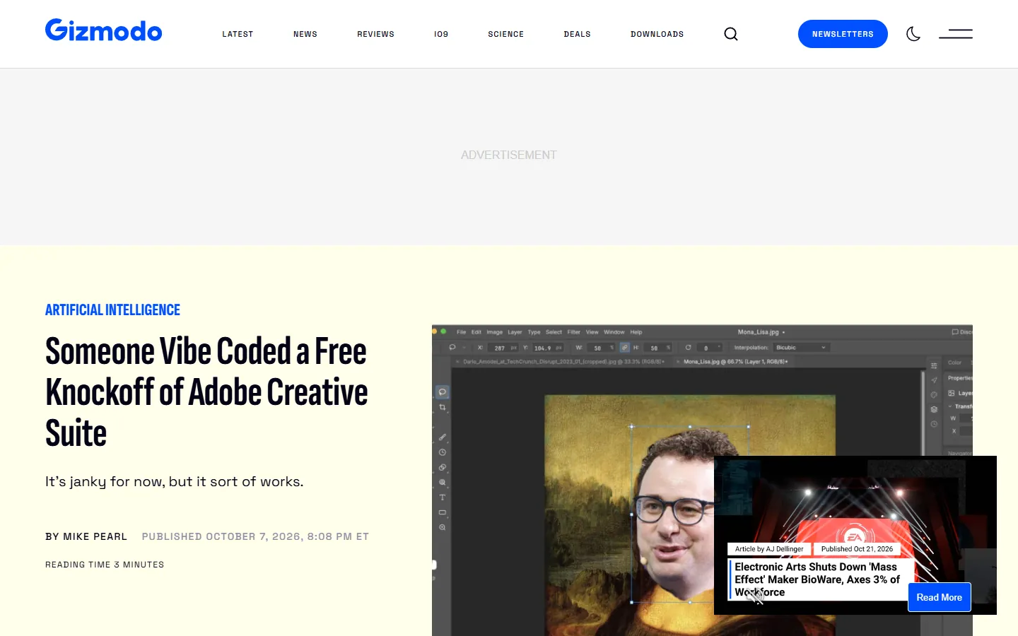 Gizmodo-Artikel: Someone Vibe Coded a Free Knockoff of Adobe Creative Suite