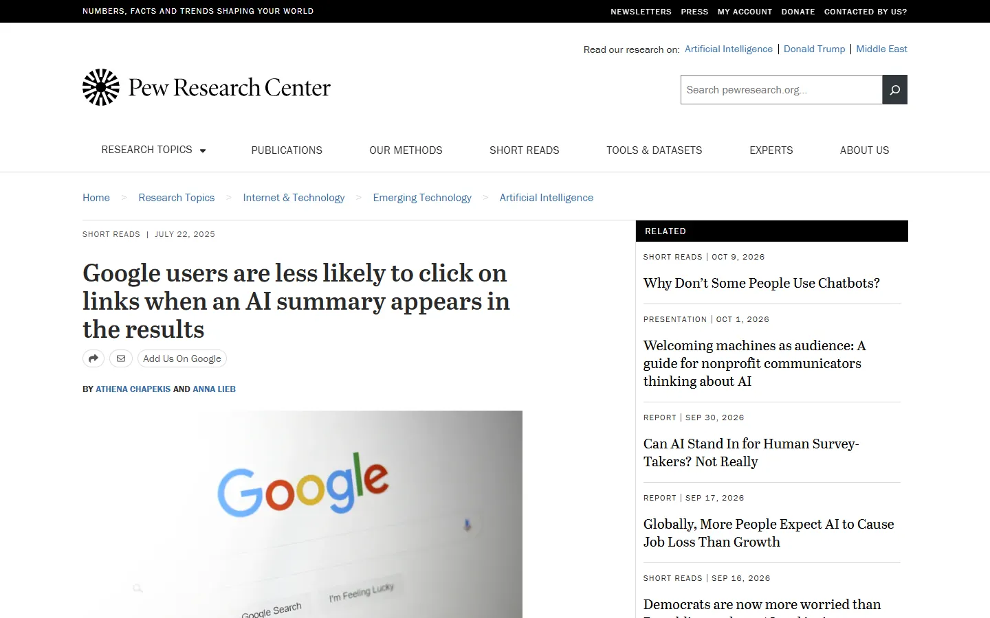 Artikel von Pew Research zu Klicks bei Google-KI-Zusammenfassungen