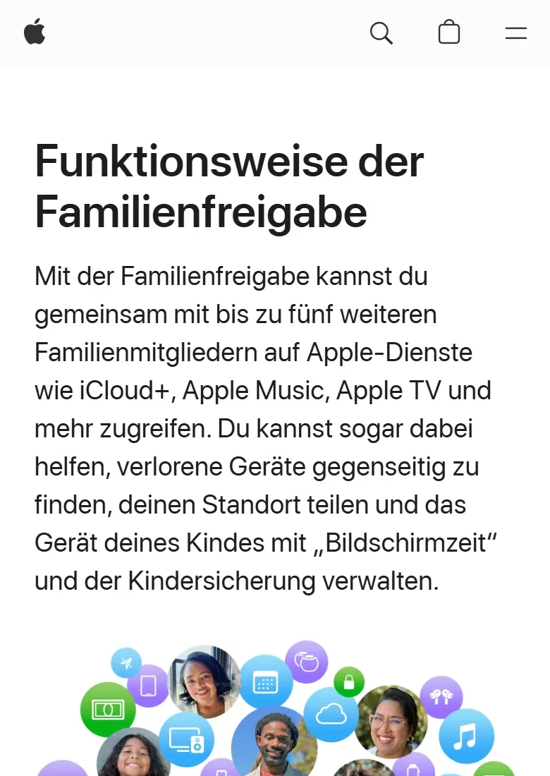 Bildschirmfoto der Apple-Hilfeseite zur Familienfreigabe