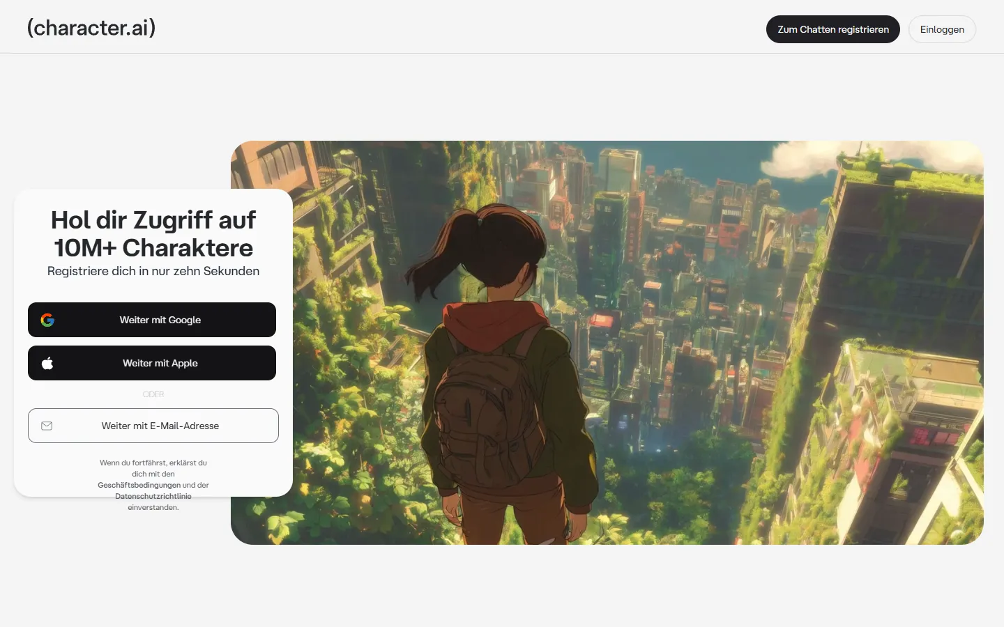 Bildschirmfoto der Startseite von Character.AI