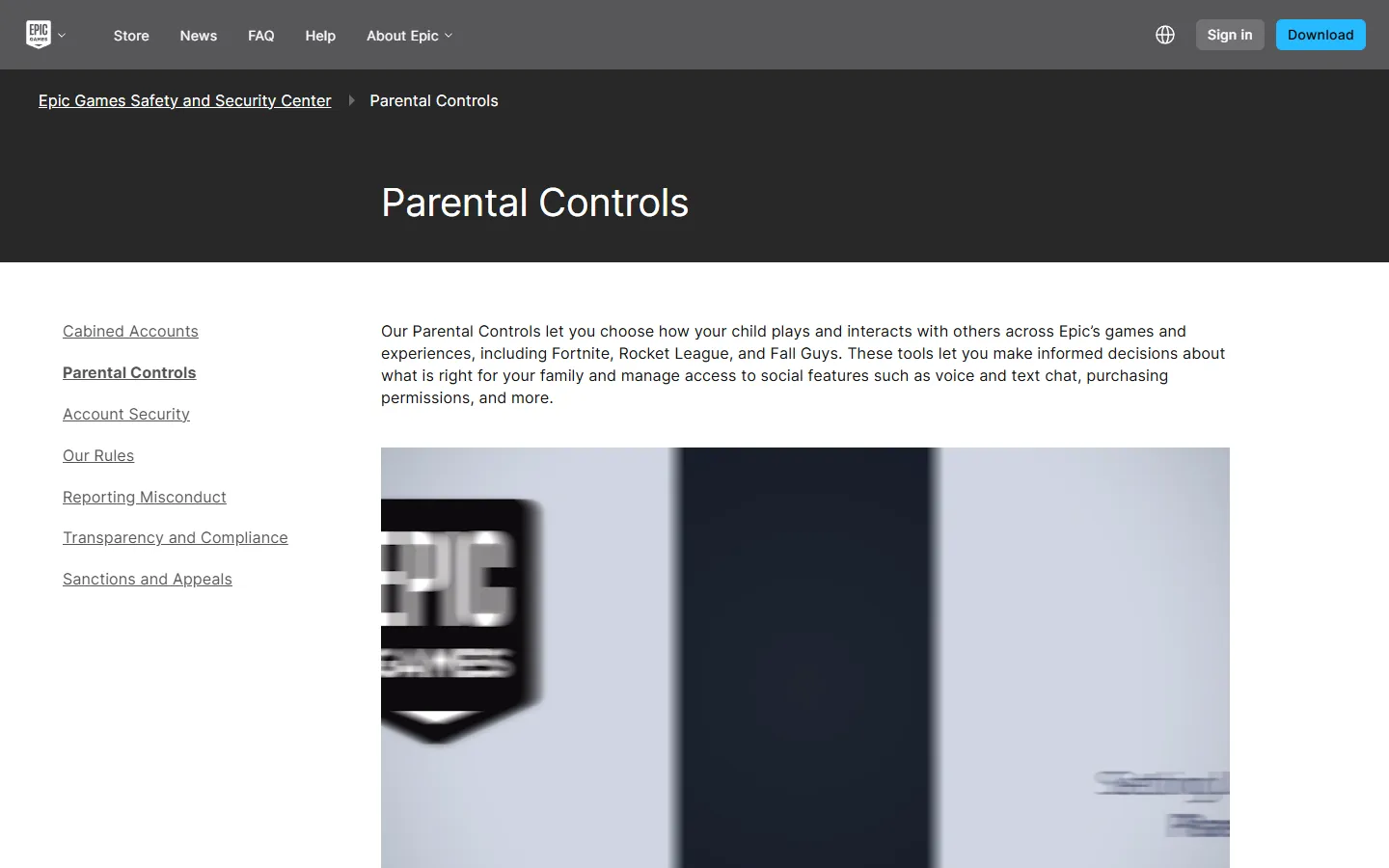 Bildschirmfoto der Epic-Games-Seite Parental Controls