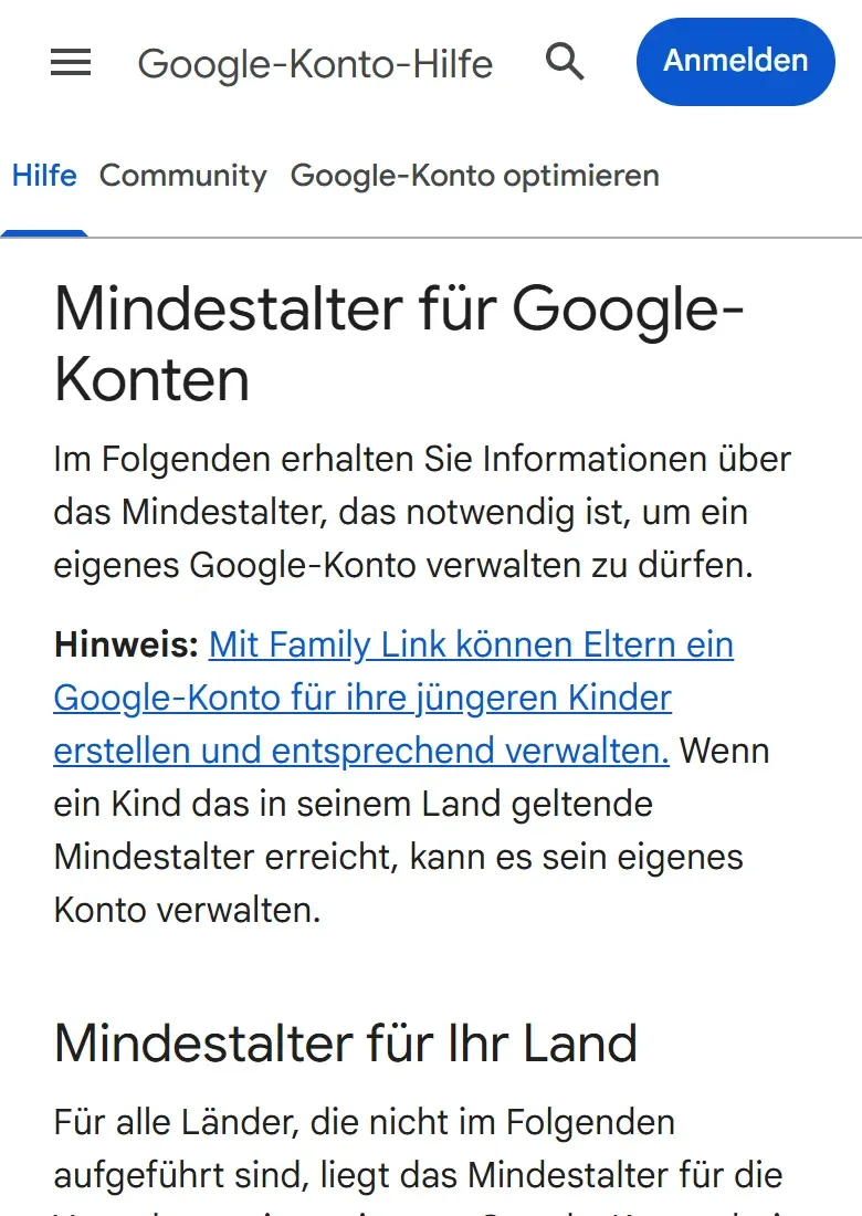 Bildschirmfoto der Google-Hilfe Mindestalter für Google-Konten