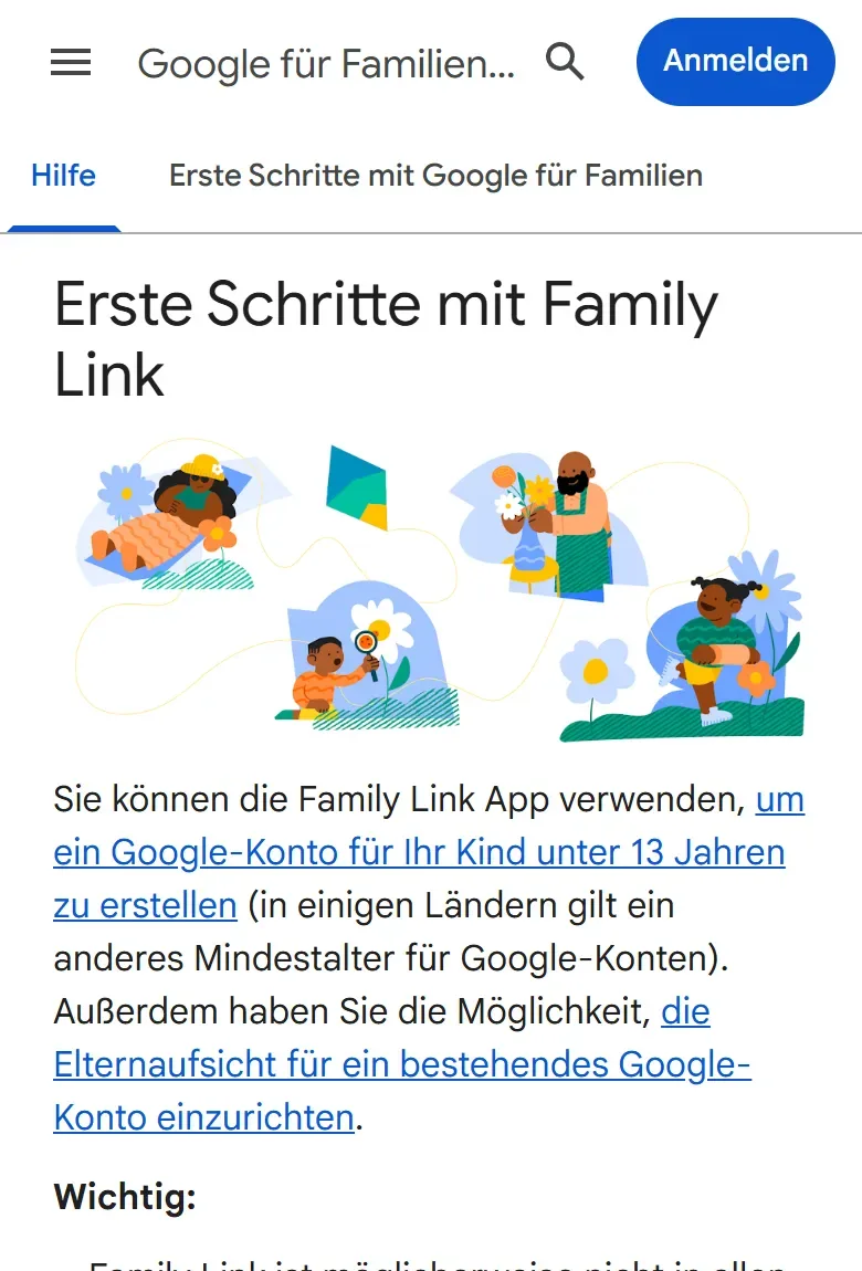 Bildschirmfoto der Google-Hilfeseite Erste Schritte mit Family Link