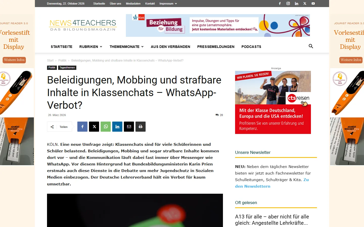 Bildschirmfoto des News4teachers-Artikels zur WDR-Umfrage über Klassenchats
