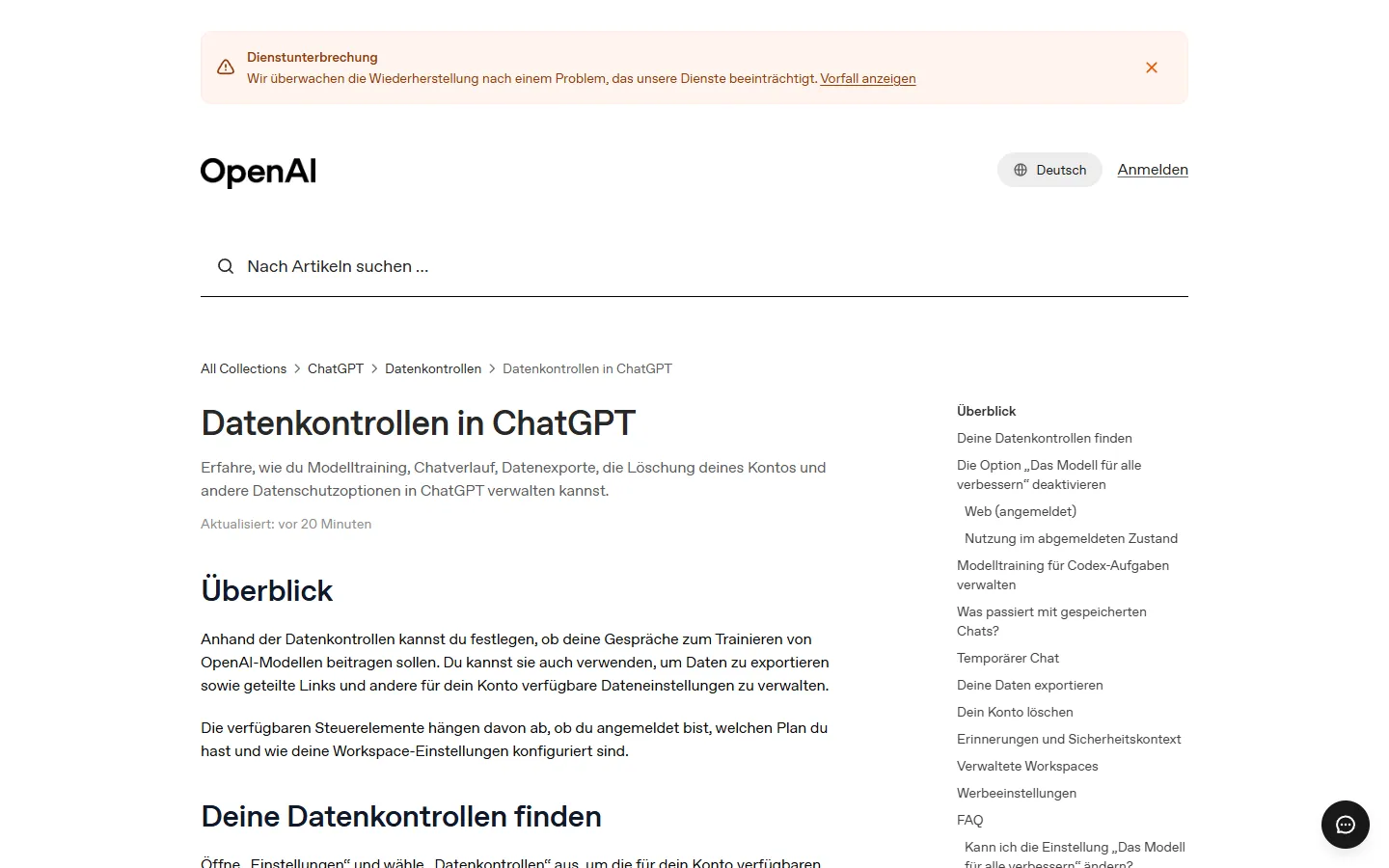 Bildschirmfoto der OpenAI-Hilfe Datenkontrollen in ChatGPT