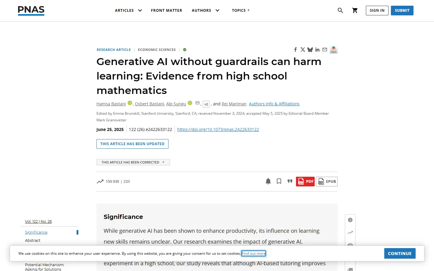 Bildschirmfoto des PNAS-Artikels Generative AI without guardrails can harm learning