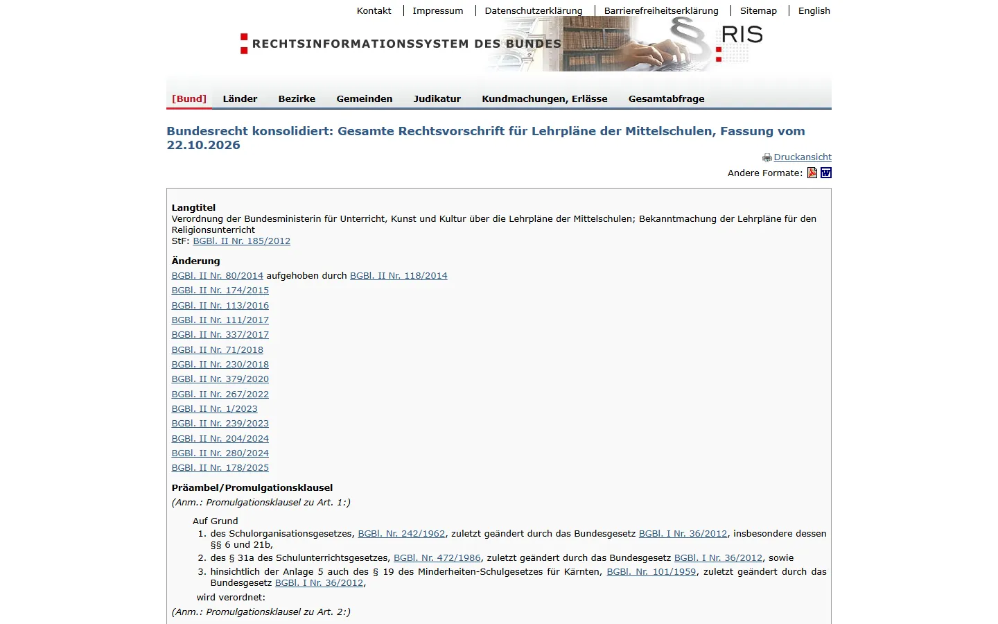 Bildschirmfoto des Rechtsinformationssystems: Lehrpläne der Mittelschulen