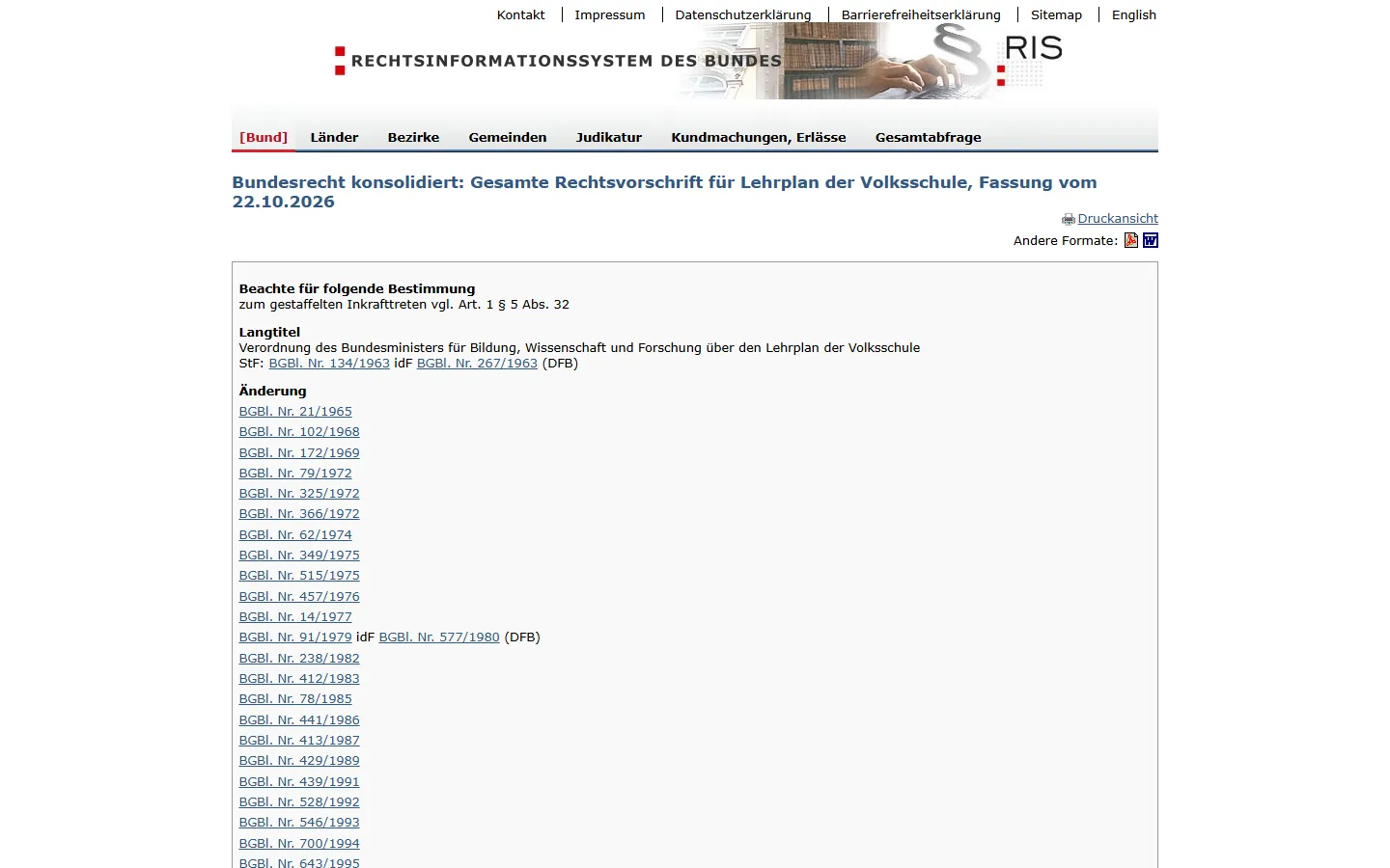 Bildschirmfoto des Rechtsinformationssystems: Lehrplan der Volksschule