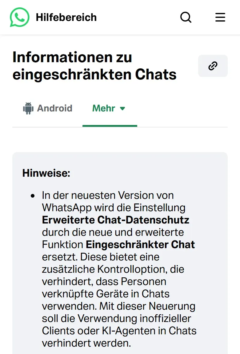 Bildschirmfoto des WhatsApp-Hilfebereichs zu eingeschränkten Chats