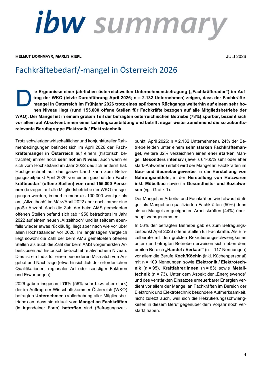 Titelseite des ibw-Berichts Fachkräftebedarf und -mangel in Österreich 2026