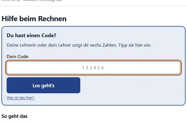 Startseite für Kinder: Feld für den sechsstelligen Code, Ablauf in vier Schritten