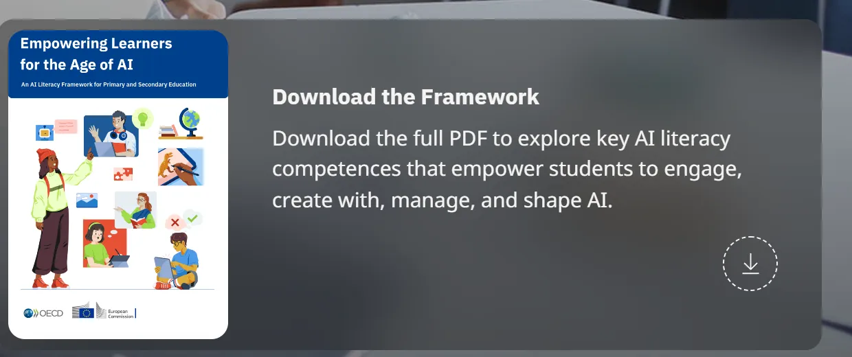 Titelblatt des AILit Framework mit Illustrationen und Hinweis Download the Framework
