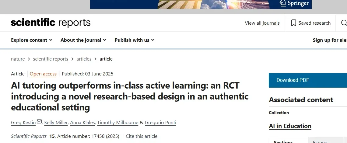 Artikelseite der Harvard-Studie zum KI-Tutor in Scientific Reports