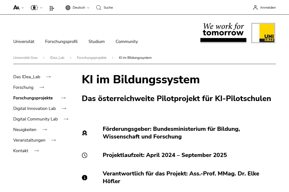 Projektseite der Uni Graz zum Pilotprojekt KI-Pilotschulen, gefördert vom Bildungsministerium