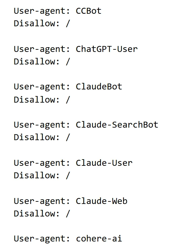 Textdatei robots.txt der New York Times: User-agent CCBot, ChatGPT-User, ClaudeBot, Claude-SearchBot, cohere-ai – jeweils Disallow: /