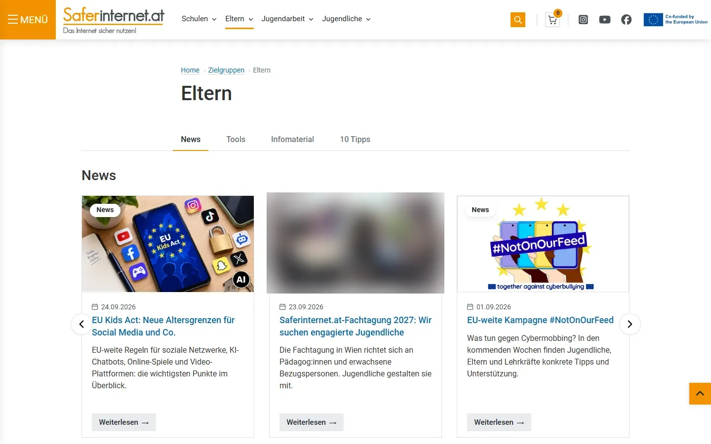 Seite „Eltern“ von Saferinternet.at mit Reitern News, Tools, Infomaterial, 10 Tipps und drei Nachrichtenkarten