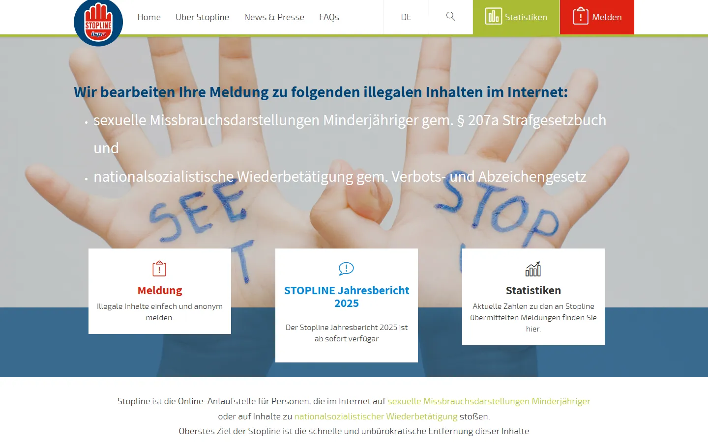 Startseite Stopline: „Wir bearbeiten Ihre Meldung zu folgenden illegalen Inhalten im Internet“, Kacheln Meldung, Jahresbericht, Statistiken