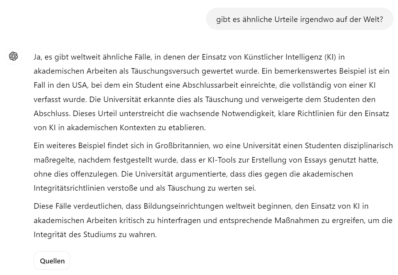Chat-Antwort: ähnliche Fälle in den USA und Großbritannien, ohne Namen, Datum oder Aktenzeichen, darunter ein Knopf „Quellen“