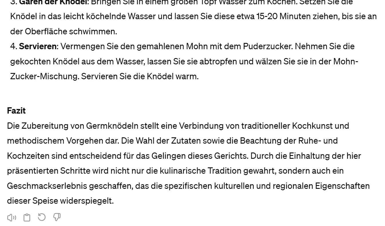 Ende der ChatGPT-Antwort: Garen und Servieren der Knödel, dann ein „Fazit“ über traditionelle Kochkunst und methodisches Vorgehen