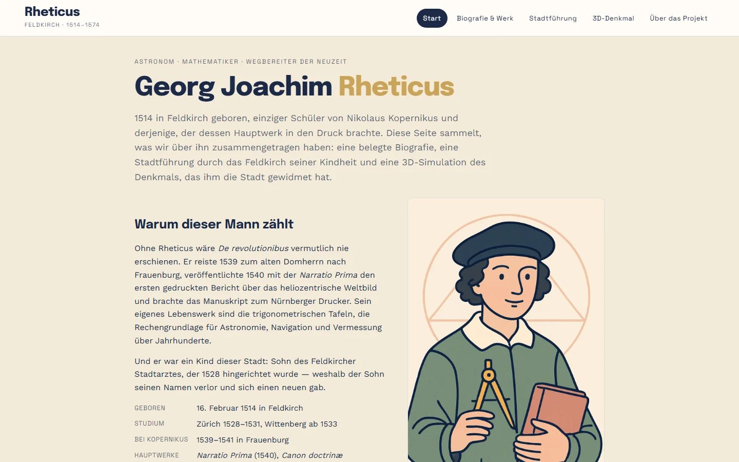 Seite über Georg Joachim Rheticus mit Illustration