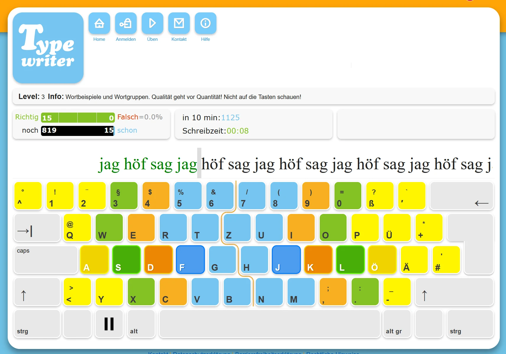 Typewriter: Tastatur mit farbigen Fingerzonen und Übungszeile