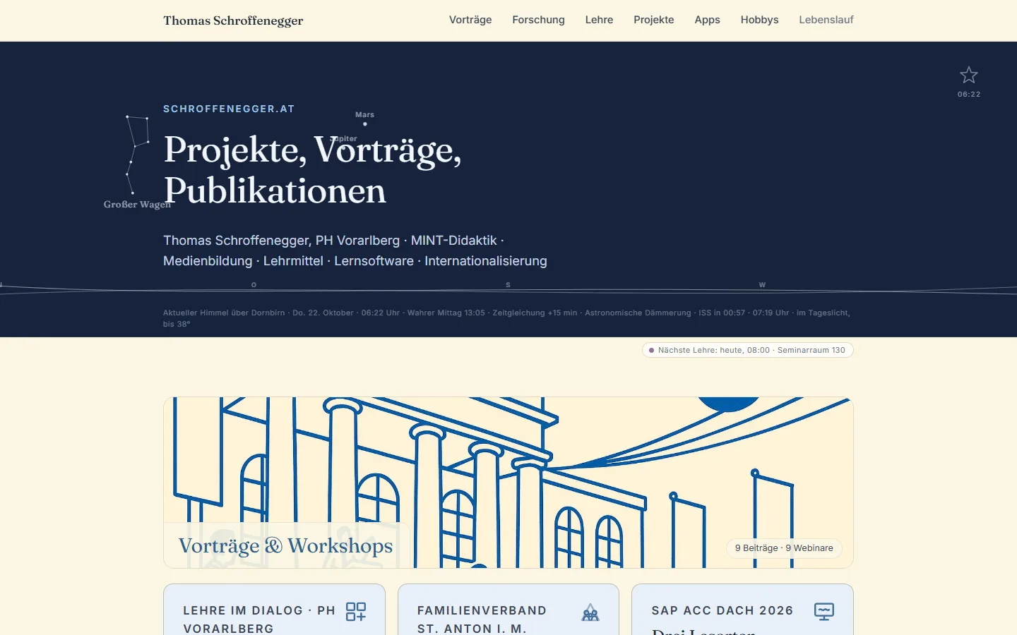 Startseite von schroffenegger.at mit Überschrift Projekte, Vorträge, Publikationen