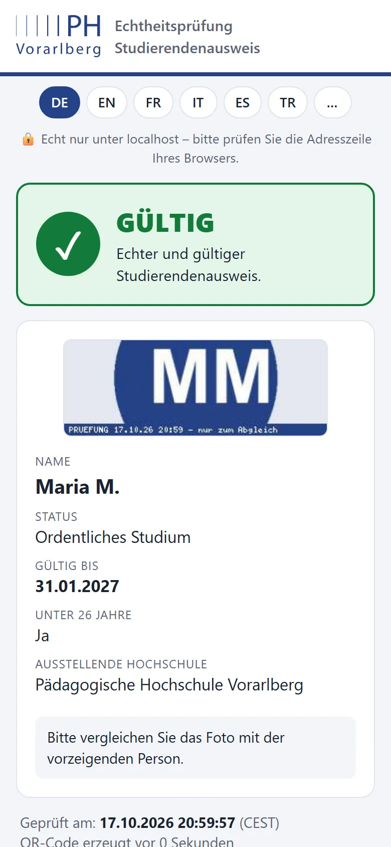 Prüfseite mit grünem Häkchen GÜLTIG, Name Maria M., Status ordentliches Studium