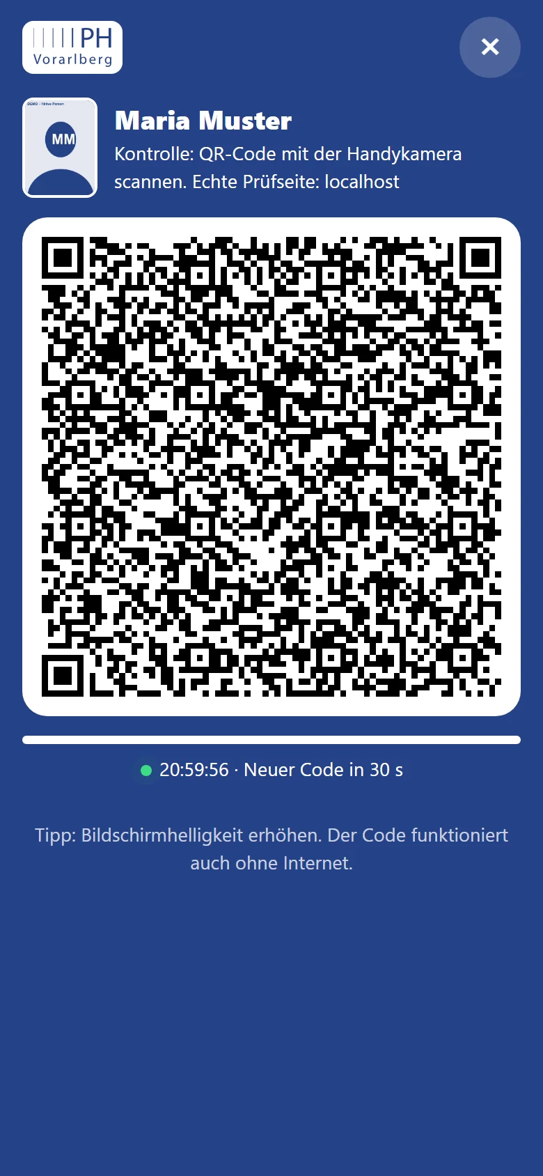 QR-Code zur Echtheitsprüfung mit Hinweis Neuer Code in 30 Sekunden